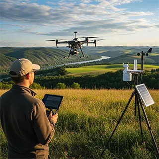 Equipamentos tecnológicos de alta precisão, como drones e estações totais